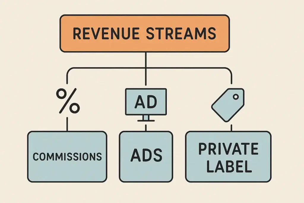 What is Myntra App and How Does It Work? 3 Infographic titled "Revenue Streams" showing a flowchart with three monetization methods: Commissions (represented by a percentage symbol), Ads (represented by a monitor with โADโ), and Private Label (represented by a price tag icon).