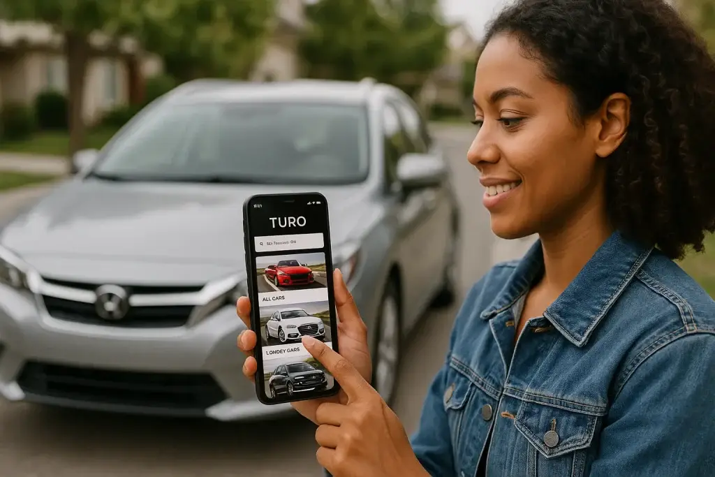 Smiling woman using the Turo car-sharing app on her smartphone while standing next to a parked silver car.