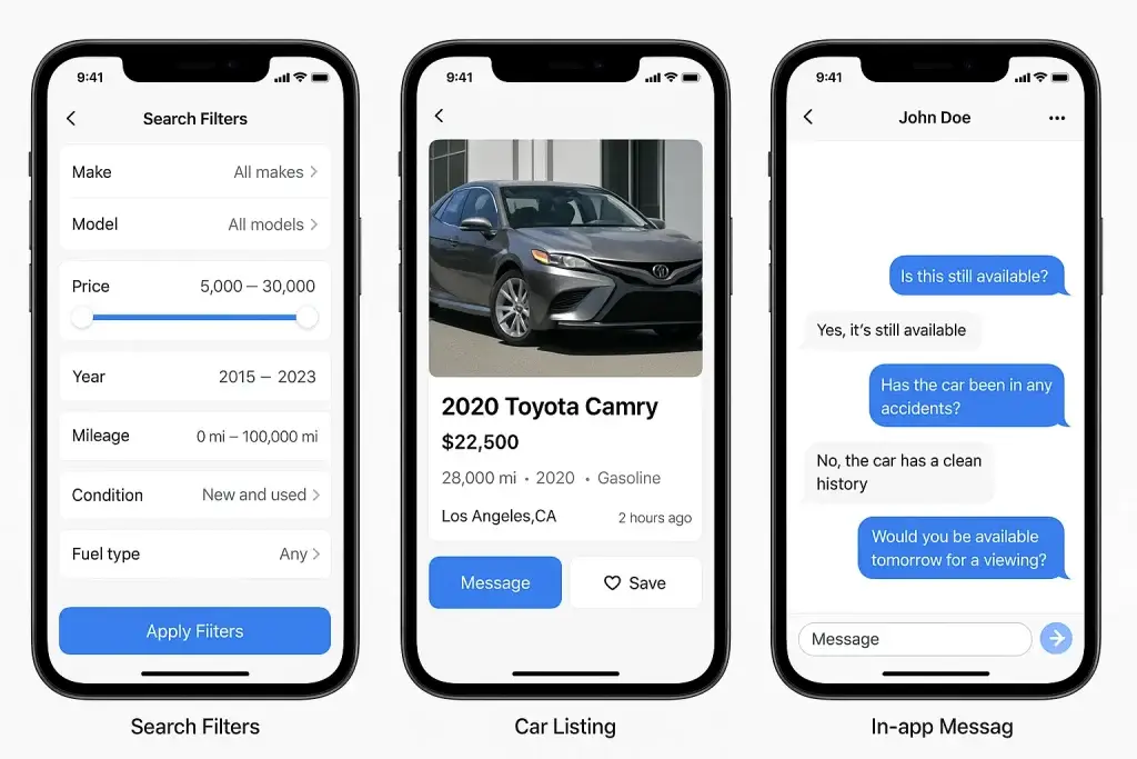What is Turo App and How Does It Work? 2 Three smartphone screens showing key user interfaces of a car rental or marketplace app: search filters for make, model, price, and mileage; a detailed car listing for a 2020 Toyota Camry; and an in-app chat between buyer and seller discussing availability and vehicle history.
