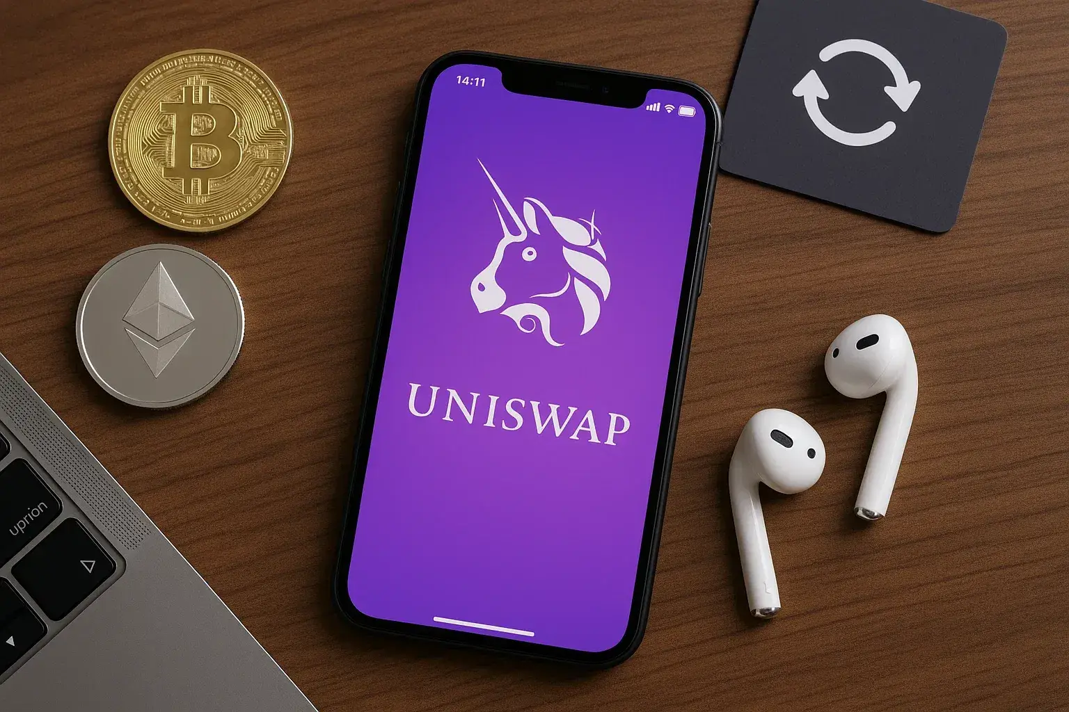 Smartphone displaying Uniswap logo on screen, placed on wooden table next to Bitcoin and Ethereum coins, AirPods, and a MacBook.