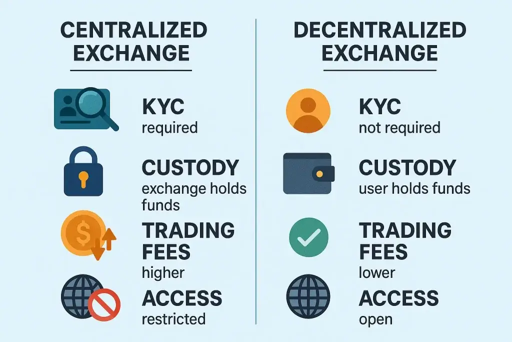 What is Uniswap App and How Does It Work? 1 Comparison infographic showing the differences between centralized and decentralized exchanges. The centralized exchange side includes icons for KYC (required), custody (exchange holds funds), higher trading fees, and restricted access. The decentralized exchange side features icons for KYC (not required), custody (user holds funds), lower trading fees, and open access.