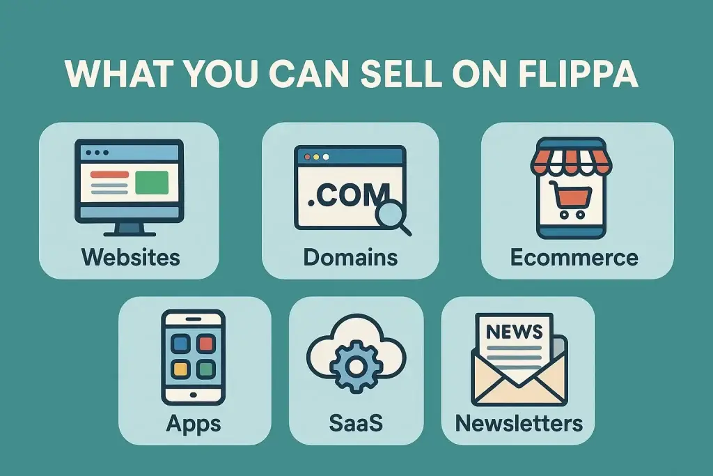 What is Flippa App and How Does It Work? 1 Infographic titled "What You Can Sell on Flippa" displaying six categories: Websites, Domains, Ecommerce, Apps, SaaS, and Newsletters, each represented with matching icons on a teal background.
