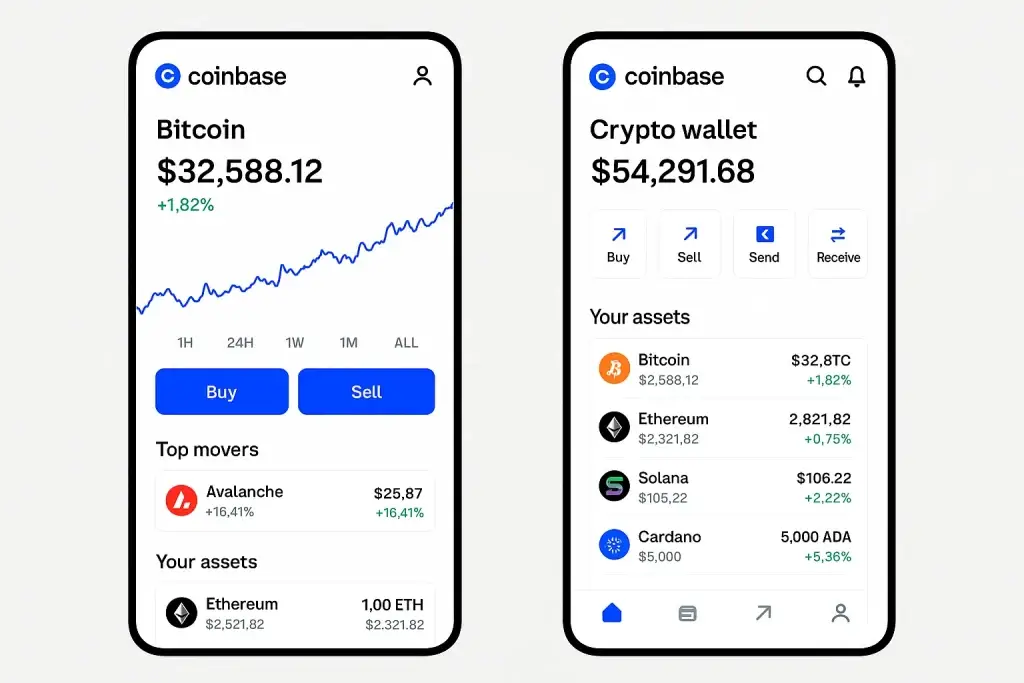 What is Coinbase App and How Does It Work? 1 Two smartphones displaying Coinbase app interfaces. The left screen shows the live Bitcoin price chart with buy/sell options and top movers. The right screen displays a user's crypto wallet balance, quick action buttons, and a list of crypto assets including Bitcoin, Ethereum, Solana, and Cardano.