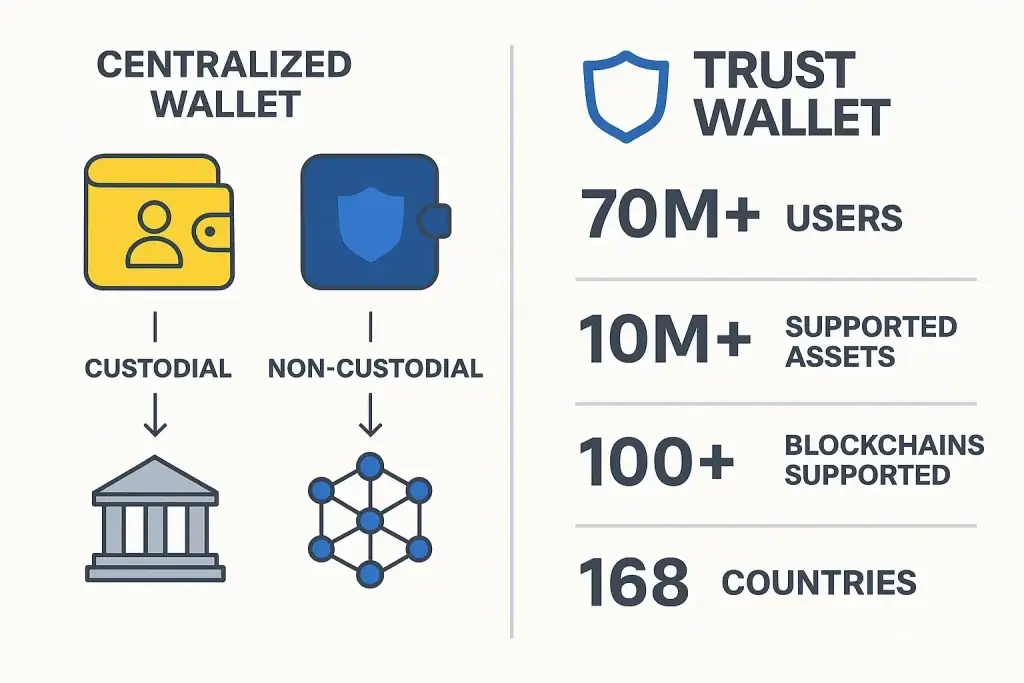 What is Trust Wallet App and How Does It Work? 1 "Comparison graphic showing centralized custodial wallet versus Trust Wallet’s non-custodial model, with Trust Wallet stats: 70M+ users, 10M+ supported assets, 100+ blockchains supported, available in 168 countries."