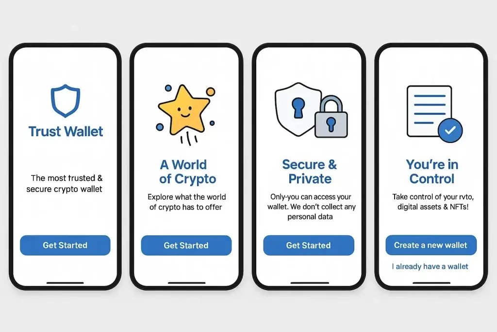 What is Trust Wallet App and How Does It Work? 2 "Four mobile screens displaying Trust Wallet onboarding steps: introducing the app, exploring crypto, emphasizing security and privacy, and offering control over digital assets and NFTs with 'Get Started' and 'Create a new wallet' buttons."
