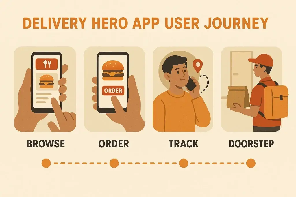 What is Delivery Hero App and How Does It Work? 1 Illustration showing the Delivery Hero app user journey in four stages: "Browse" with a user scrolling food options on a smartphone, "Order" by tapping a burger order button, "Track" with a customer checking delivery location via phone, and "Doorstep" with a delivery person handing over the food package at the customerโs door.