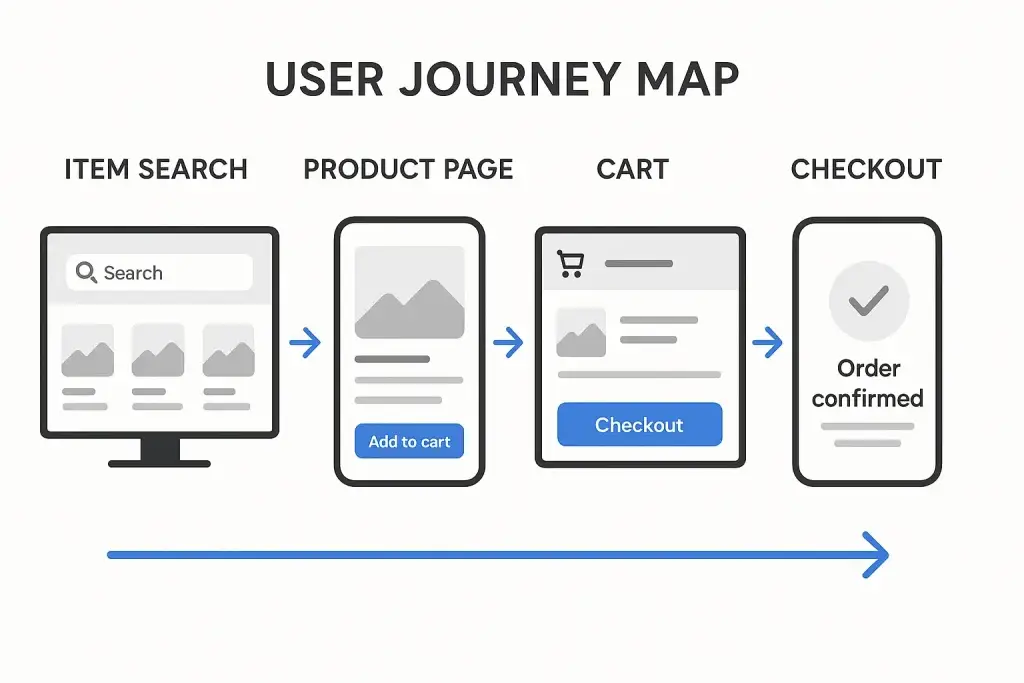 What is OneCart App and How Does It Work? 2 User journey map illustration showing four steps in an eCommerce purchase flow: item search on a desktop screen, product page with "Add to cart" button on mobile, cart page with a "Checkout" button, and final checkout screen confirming the order with a checkmark icon. Blue arrows indicate the forward progression.
