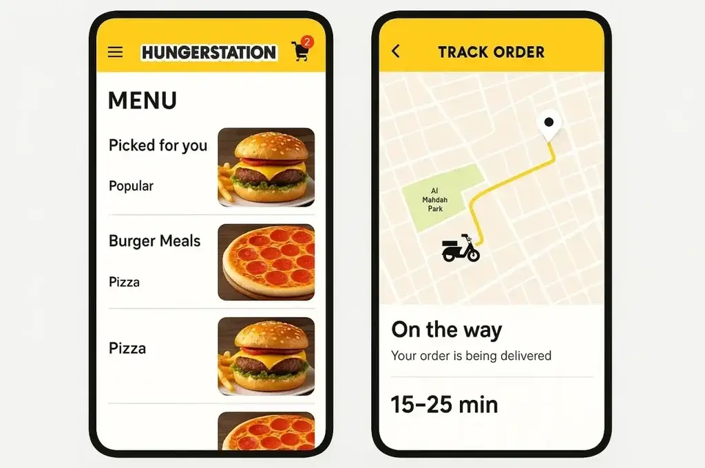 What is HungerStation App and How Does It Work? 1 Two mobile screens showing HungerStation app UI — one with food menu items like burgers and pizza, and the other with a live order tracking map and estimated delivery time.