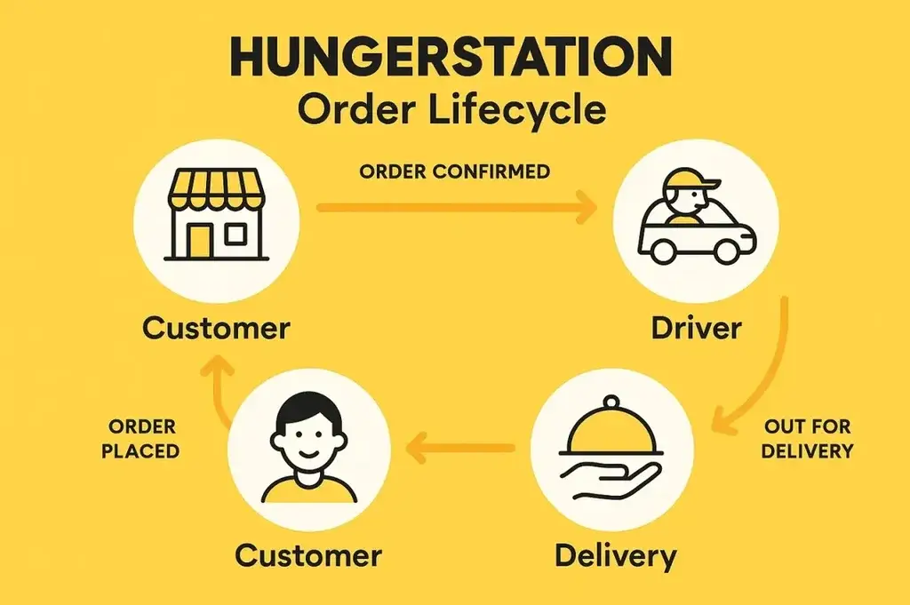 What is HungerStation App and How Does It Work? 2 Infographic illustrating the HungerStation order lifecycle with four stages: customer places order, restaurant confirms, driver picks up, and delivery is made to the customer. Arrows connect each stage in a circular flow on a yellow background.