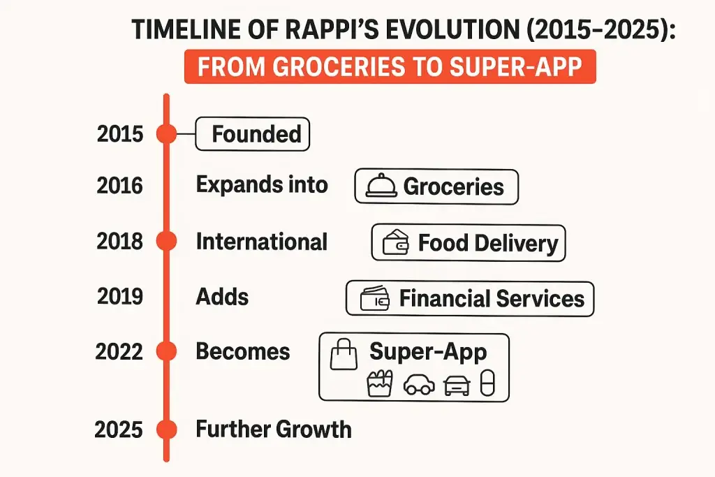 What is Rappi App and How Does It Work? 1 "Timeline of Rappiโs evolution from 2015 to 2025, showing its growth from a grocery delivery startup to a multi-service super-app with financial services, food delivery, and international expansion."