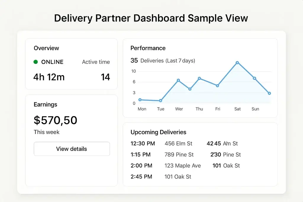 What is Rappi App and How Does It Work? 2 "Sample view of a delivery partner dashboard showing active time, earnings, delivery performance chart over 7 days, and a list of upcoming delivery addresses with scheduled times."