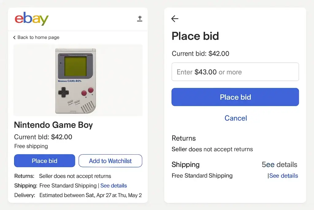 What is eBay App and How Does It Work? 2 Screenshot of the eBay app showing a product listing for a Nintendo Game Boy with a current bid of $42.00, alongside a bidding interface where users can enter a higher amount and place a bid. The listing includes options to โPlace bidโ or โAdd to Watchlist,โ and displays shipping, returns, and delivery details.