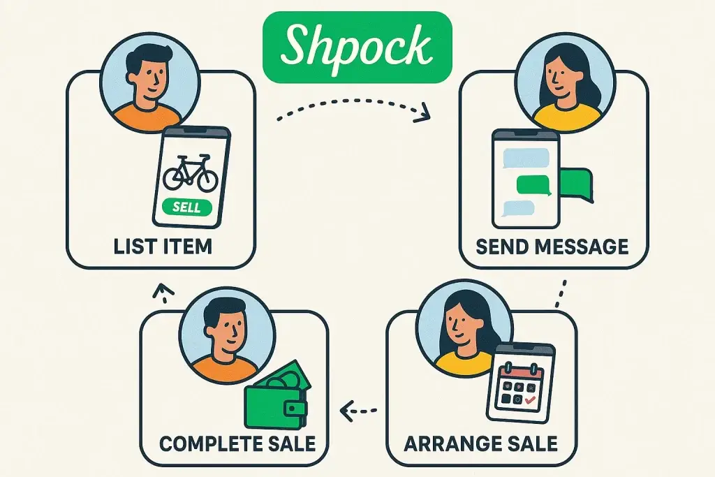 What is Shpock App and How Does It Work? 1 Illustrated flowchart showing the Shpock app selling process with four steps: List Item, Send Message, Arrange Sale, and Complete Saleโeach represented by cartoon-style icons of users and smartphones.