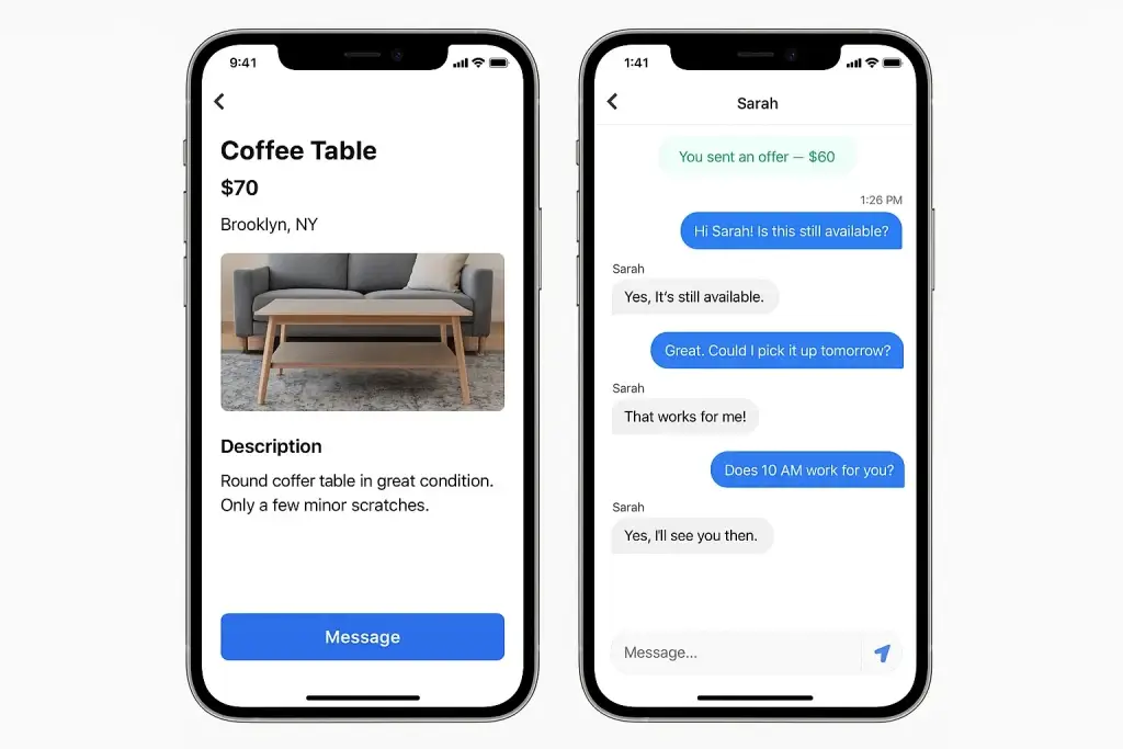 What is Carousell App and How Does It Work? 2 Two smartphones displaying a coffee table listing on a resale app and an in-app chat conversation between buyer and seller negotiating the pickup time and offer details.
