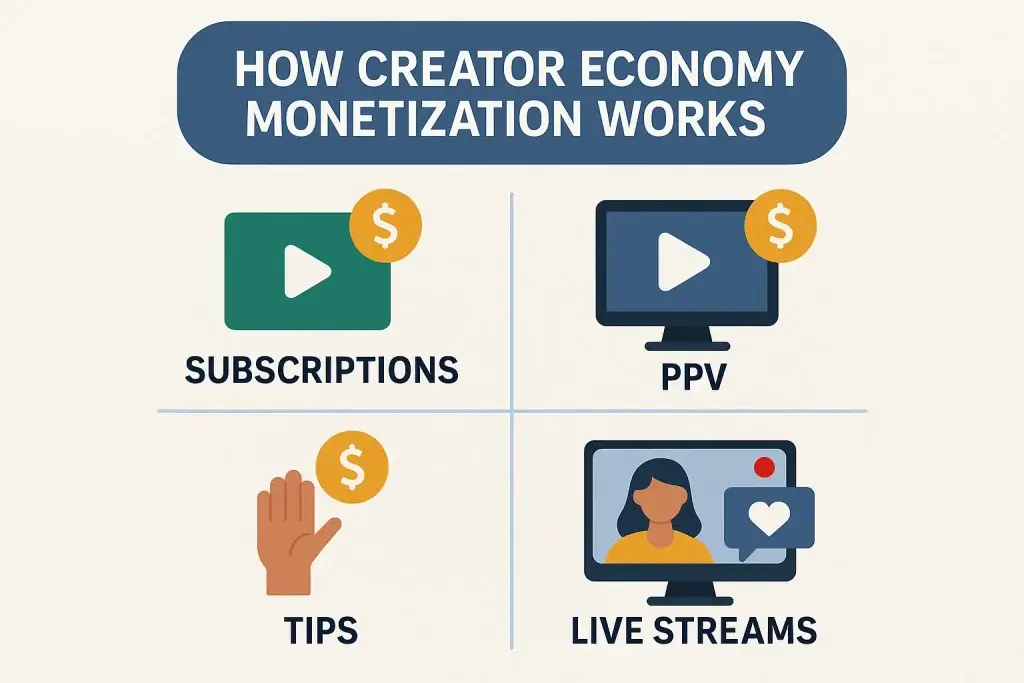 What is IsMyGirl App and How Does It Work? 1 Infographic titled "How Creator Economy Monetization Works" featuring four revenue models: Subscriptions, Pay-Per-View (PPV), Tips, and Live Streams, each represented with corresponding icons on a grid layout.