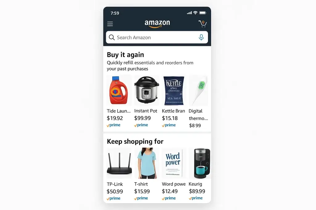 What is Amazon App and How Does It Work? 1 โMobile screenshot of the Amazon app showing personalized shopping suggestions. The top section titled 'Buy it again' includes products like Tide laundry detergent, Instant Pot, Kettle brand chips, and a digital thermometer with prices. The next section titled 'Keep shopping for' displays TP-Link router, T-shirt, Word Power book, and a Keurig coffee machine, all marked with Prime badges.โ