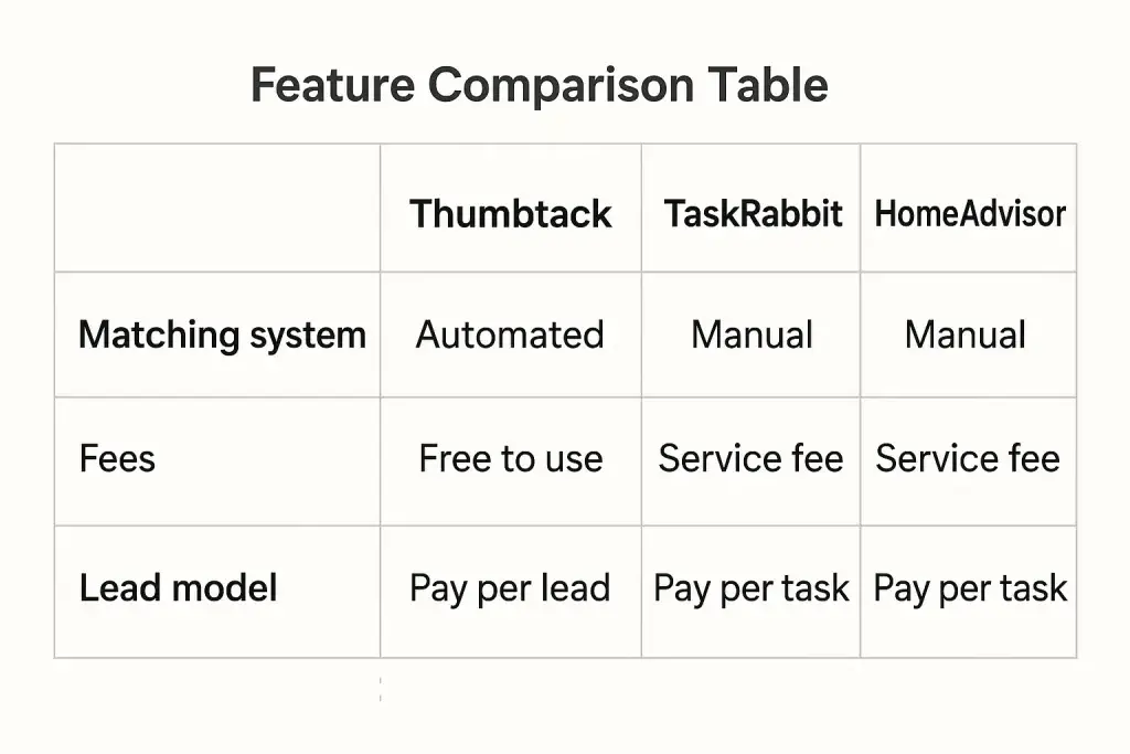 What is Thumbtack App and How Does It Work? 2 Feature comparison table showing differences between Thumbtack, TaskRabbit, and HomeAdvisor across three categories: matching system, fees, and lead model. Thumbtack uses an automated matching system, is free to use, and follows a pay-per-lead model, while TaskRabbit and HomeAdvisor use manual matching, charge service fees, and operate on a pay-per-task model.