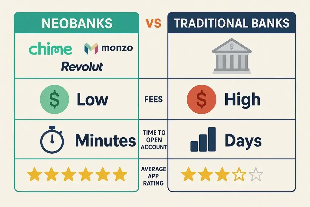 What is a Neobank App and How Does It Work? 1 Comparison chart showing key differences between Neobanks (Chime, Monzo, Revolut) and Traditional Banks, highlighting lower fees, faster account setup (minutes vs days), and higher average app ratings for Neobanks.