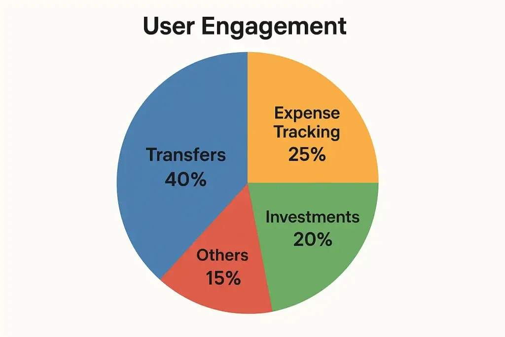 What is a Neobank App and How Does It Work? 2 Pie chart titled "User Engagement" showing user activity distribution in a Neobank app: 40% Transfers, 25% Expense Tracking, 20% Investments, and 15% Others.