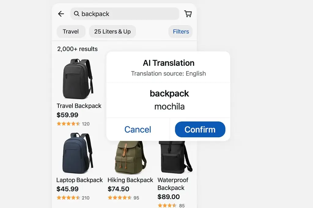 What is Alibaba App and How Does It Work? 1 Alibaba app search results for backpacks with an AI translation pop-up showing the English word "backpack" translated into Spanish as "mochila," with product listings and prices visible in the background.