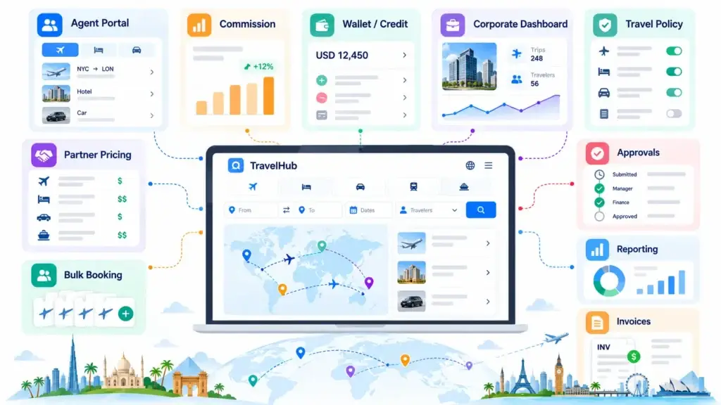 What Features Should a Regional Travel Booking Platform Include for Flights, Hotels, Cars, and Tours? 2 B2B travel booking platform with agent portal, commissions, wallet credit, corporate dashboard, travel policies, approvals, bulk booking, reporting, and invoices