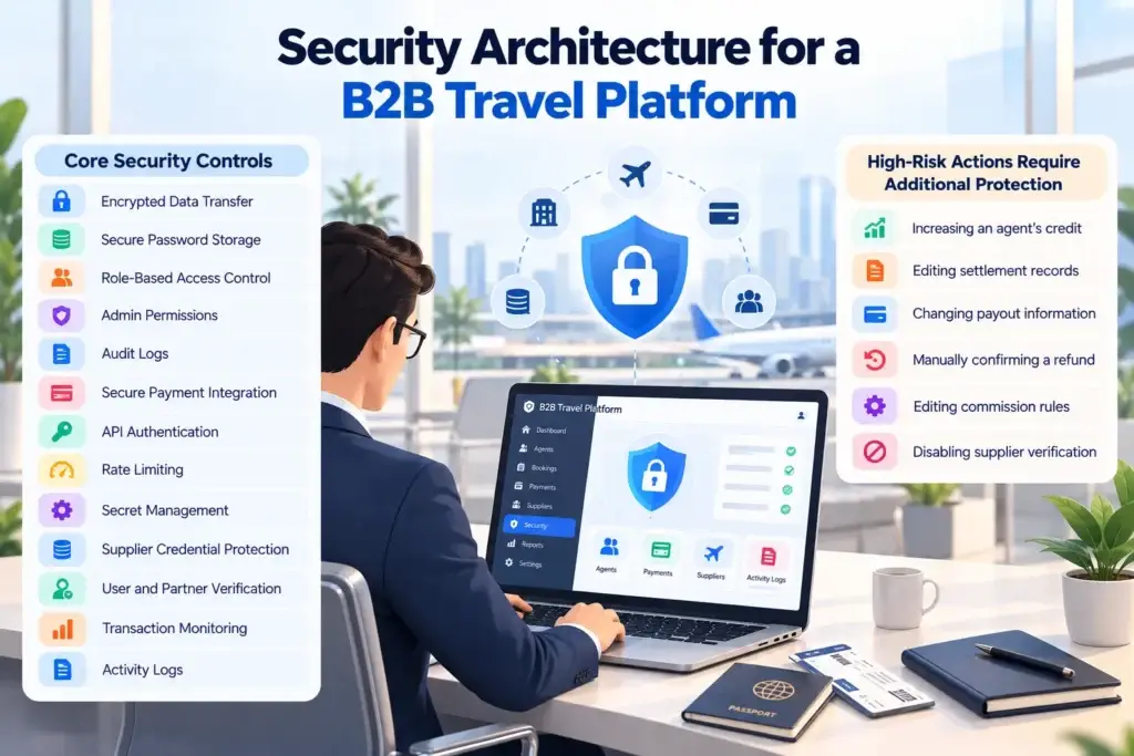 B2B Travel Booking Platform Architecture: Agent Portals, Supplier APIs, Credit Balances, Bookings, and Settlements 2 B2B travel platform security architecture showing encrypted data transfer, secure password storage, role-based access control, audit logs, API authentication, rate limiting, verification, and extra protection for high-risk actions.