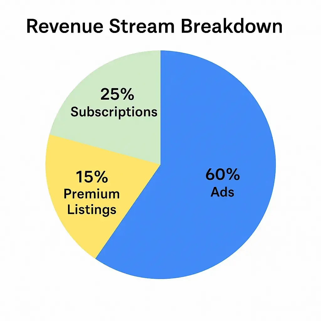 What is Trulia App and How Does It Work? 2 Pie chart titled "Revenue Stream Breakdown" showing three segments: Ads (60%) in blue, Subscriptions (25%) in light green, and Premium Listings (15%) in yellow.
