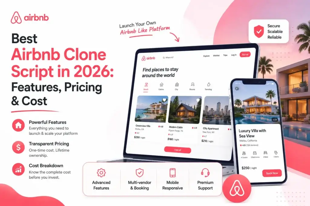 Airbnb clone script infographic showing vacation rental marketplace features, property booking platform interface, pricing overview, mobile-responsive rental app design, and vacation rental software solutions.