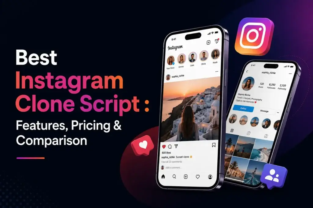 Best Instagram clone script comparison featuring social media app interfaces, features, and pricing
