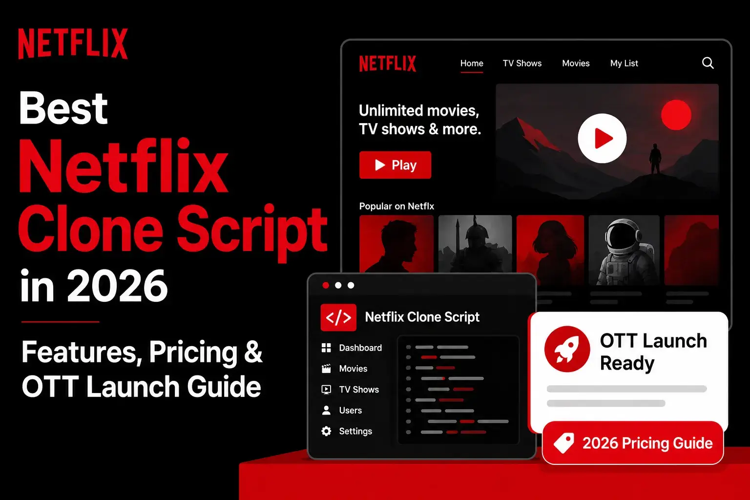 Netflix clone script guide visual showing OTT streaming platform interface, movie dashboard, admin panel, play button, pricing guide, and launch-ready video streaming solution.
