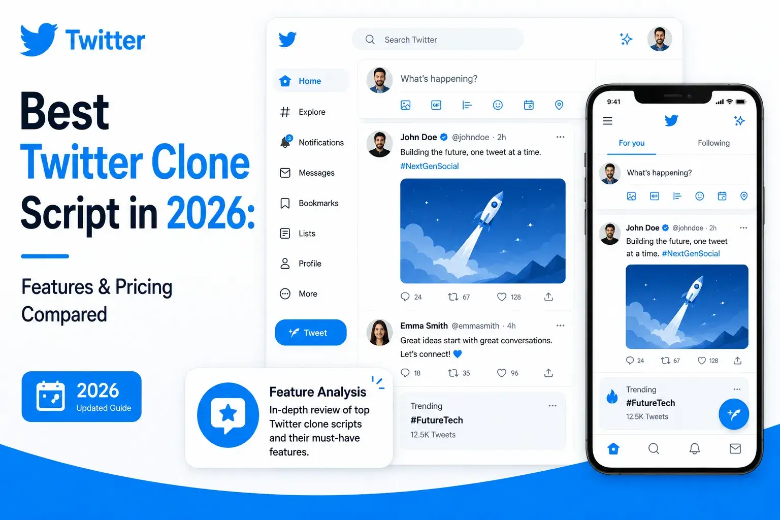 Twitter clone script comparison infographic featuring web and mobile microblogging interfaces, real-time feeds, trending topics, messaging, and feature analysis