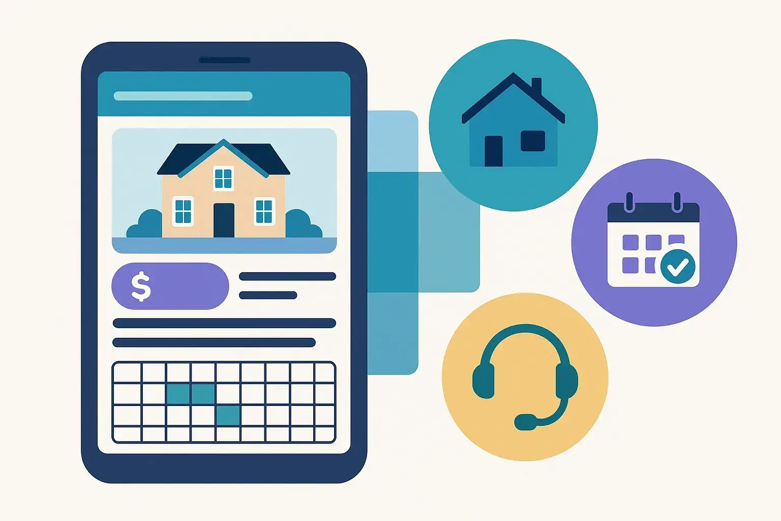 Infographic of a mobile device displaying a house listing with a price button, surrounded by icons for house search, calendar scheduling, and customer support headset.