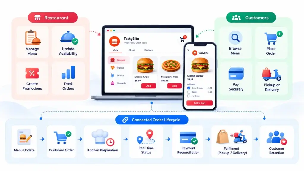What Features Should a Direct Restaurant Ordering Platform Include for Restaurants and Their Customers? 2 Connected restaurant order lifecycle showing menu management, customer ordering, kitchen preparation, real-time status, payments, fulfillment, and retention.