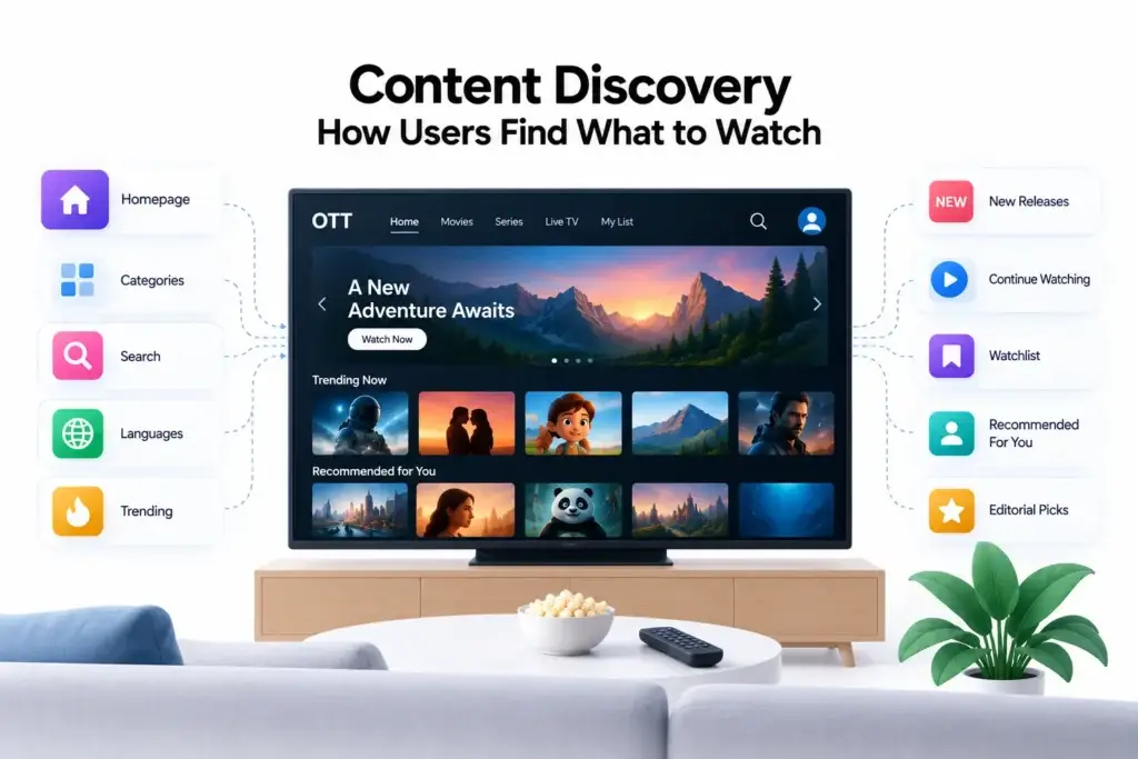 What Is an OTT Streaming Platform and How Do Content Discovery, Access, Playback, and Subscriptions Work? 1 OTT streaming platform content discovery showing homepage, categories, search, languages, trending content, new releases, watchlist, and personalized recommendations.