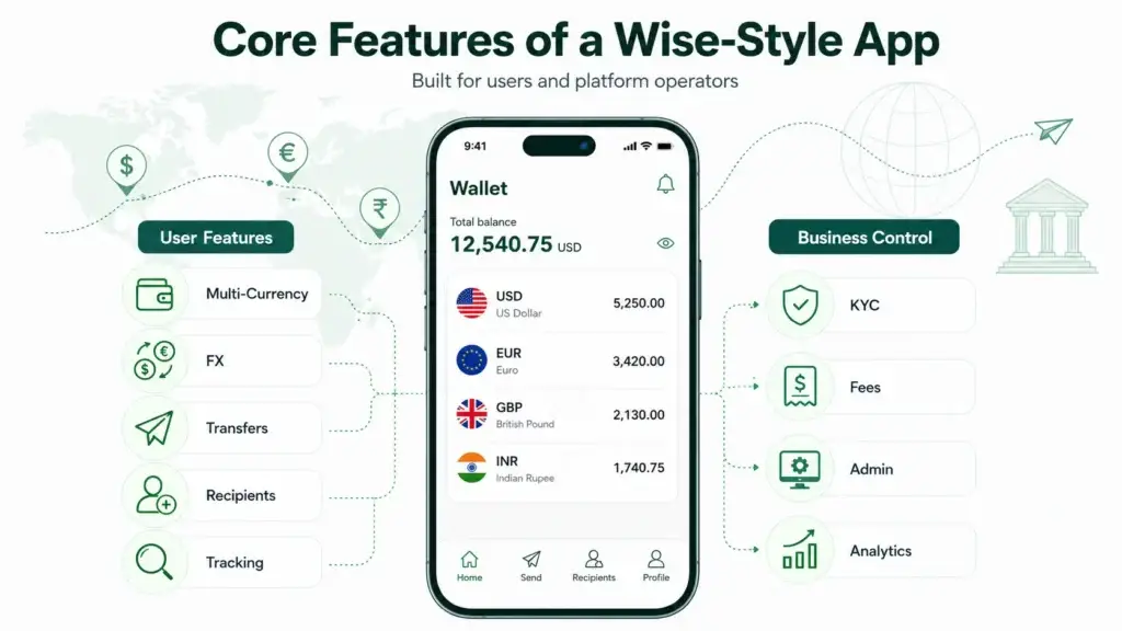 What is a Wise App and How Does It Work? 1 Wise-style app core features showing multi-currency wallet, FX, transfers, recipients, tracking, KYC, fees, admin control, and analytics