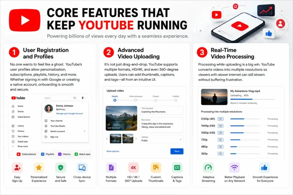 Top YouTube Features Every App Builder Should Know 1 YouTube core features infographic showing user registration, profiles, advanced video uploading, real-time video processing, adaptive streaming, custom thumbnails, captions, and cross-device sync.