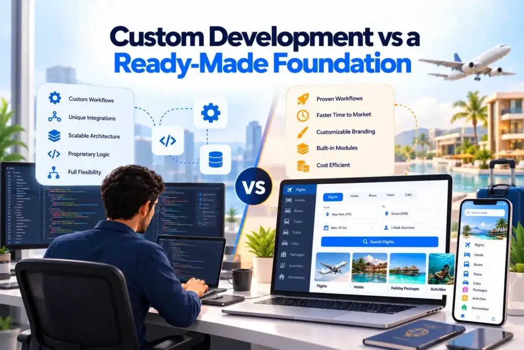 What Features and Cost Factors Matter Most When Planning a B2B Travel Booking Platform? 2 Custom development vs ready-made foundation for a B2B travel booking platform, comparing flexibility, integrations, scalability, faster launch, and cost efficiency.