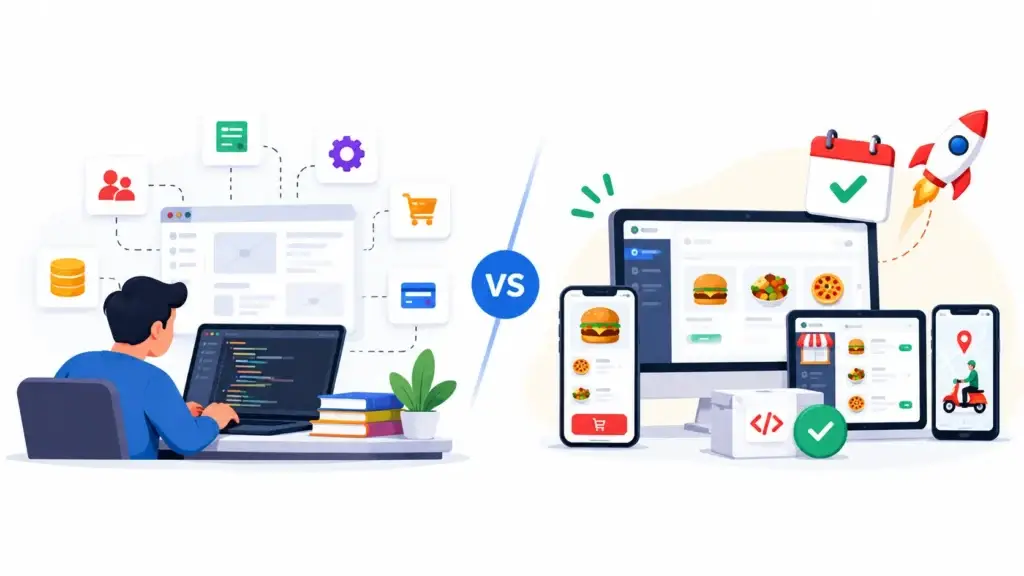 Direct Restaurant Ordering Platform Business Model: How Restaurants, Customers, Ordering Channels, and Platform Services Connect 2 Custom food ordering development compared with a ready-made multi-device restaurant ordering solution for faster implementation.