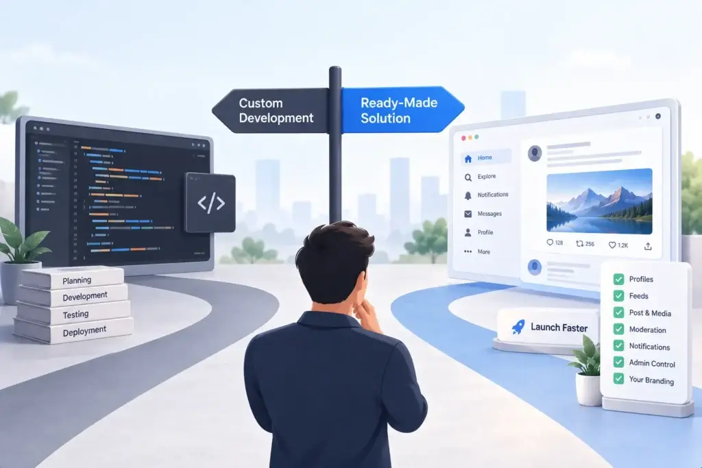 What Is a Real-Time Microblogging Platform and How Do Feeds, Trends, Posts, and Conversations Work? 2 Founder comparing custom development with a ready-made microblogging solution offering profiles, feeds, moderation, notifications, and admin control