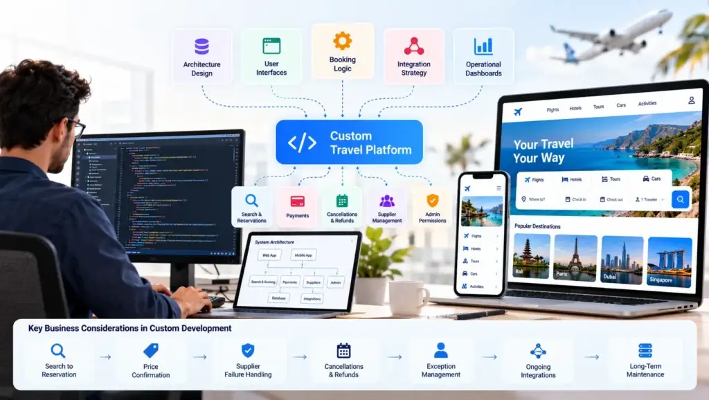 Build vs Buy a White-Label Travel Booking Platform: What Should Travel Startups Choose? 1 Custom travel platform development showing booking logic, integrations, admin dashboards, user interfaces, payments, cancellations, and supplier management.
