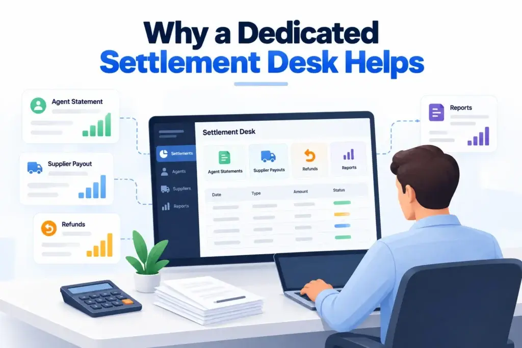 What Is a B2B Travel Booking Platform and How Do Agent Bookings, Credit Balances, Commissions, and Settlements Work? 2 Dedicated settlement desk dashboard showing agent statements, supplier payouts, refunds, reports, and settlement management.