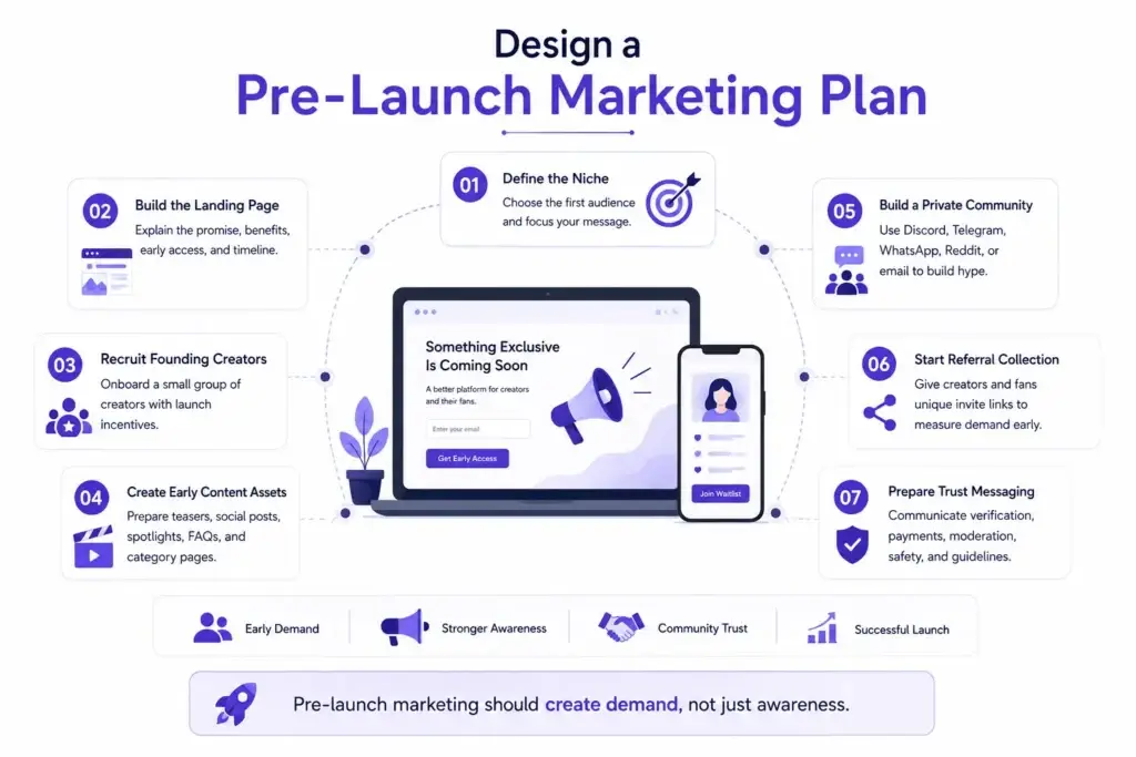Fansly App Marketing Strategy: From Startup Spark to Viral Platform 1 Pre-launch marketing plan showing audience research, creator recruitment, content preparation, referral campaigns, and launch promotion strategies.