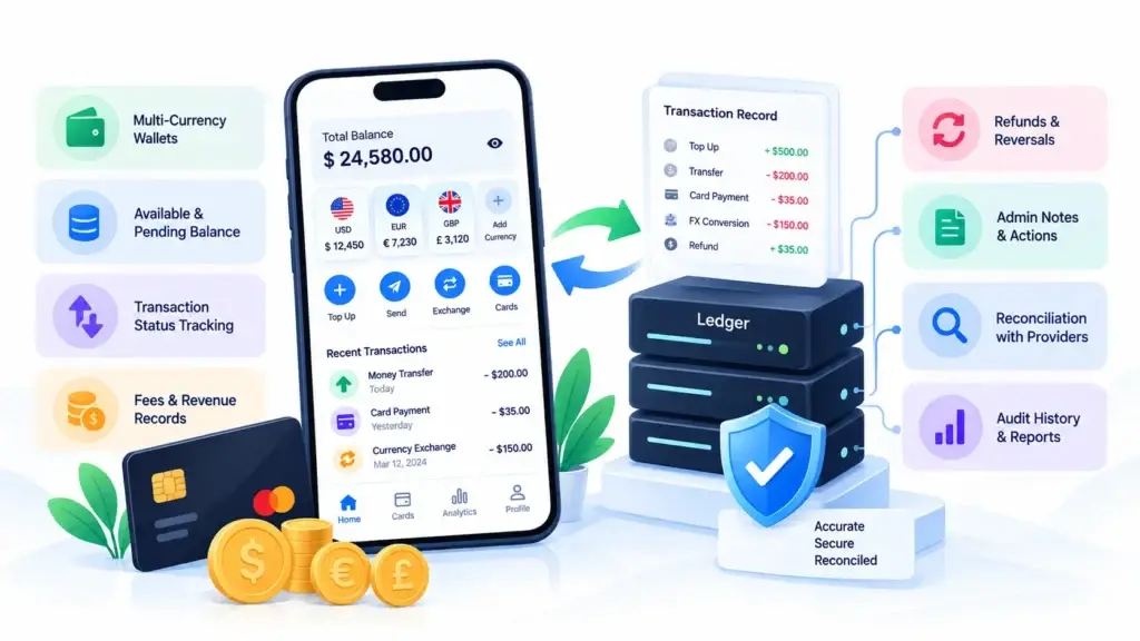 Digital Banking Platform Architecture: Wallets, Cards, Transfers, FX, Compliance, and Business Finance 1 Digital banking ledger system showing multi-currency wallets, transaction records, refunds, reconciliation, audit history, fees, and balance tracking.