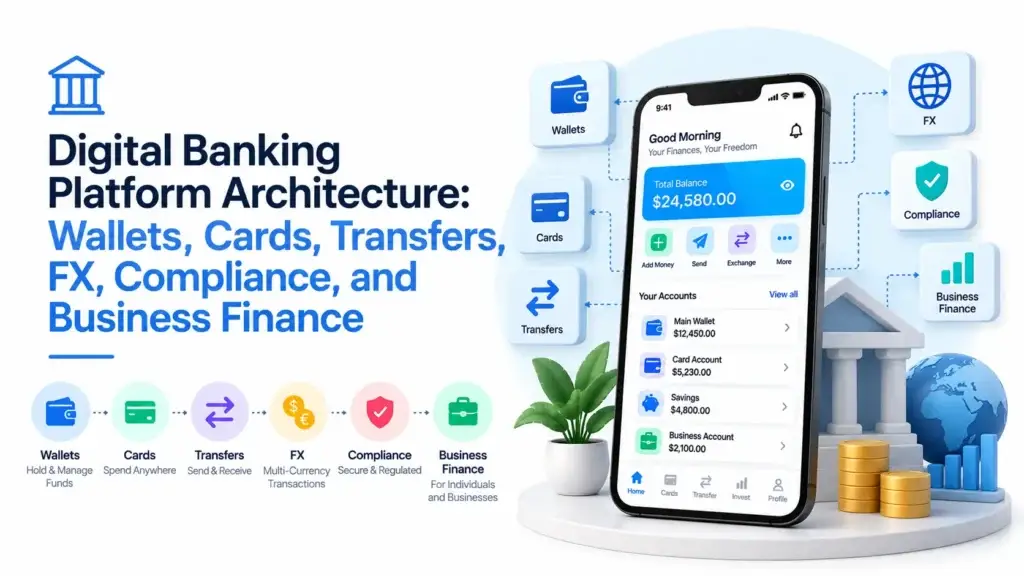Digital banking platform architecture showing wallets, cards, transfers, FX, compliance, and business finance connected through a mobile banking app.