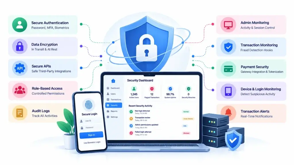 Digital Banking Platform Architecture: Wallets, Cards, Transfers, FX, Compliance, and Business Finance 2 Digital banking security controls showing secure authentication, encryption, APIs, role-based access, transaction monitoring, payment security, audit logs, and alerts.