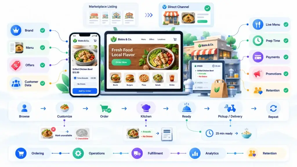 What Features Should a Direct Restaurant Ordering Platform Include for Restaurants and Their Customers? 1 Direct restaurant ordering channel showing brand, menu, offers, customer data, payments, promotions, fulfillment, analytics, and repeat orders.