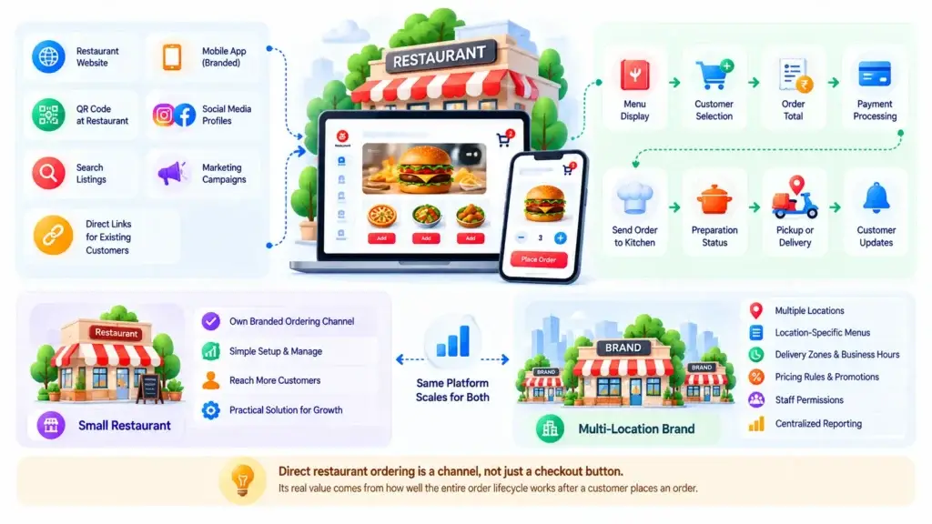 What Is a Direct Restaurant Ordering Platform and How Do Branded Orders, Payments, Pickup, and Delivery Work? 1 Direct restaurant ordering platform workflow showing branded website, mobile app, QR ordering, payments, kitchen preparation, pickup, delivery, and multi-location scaling.