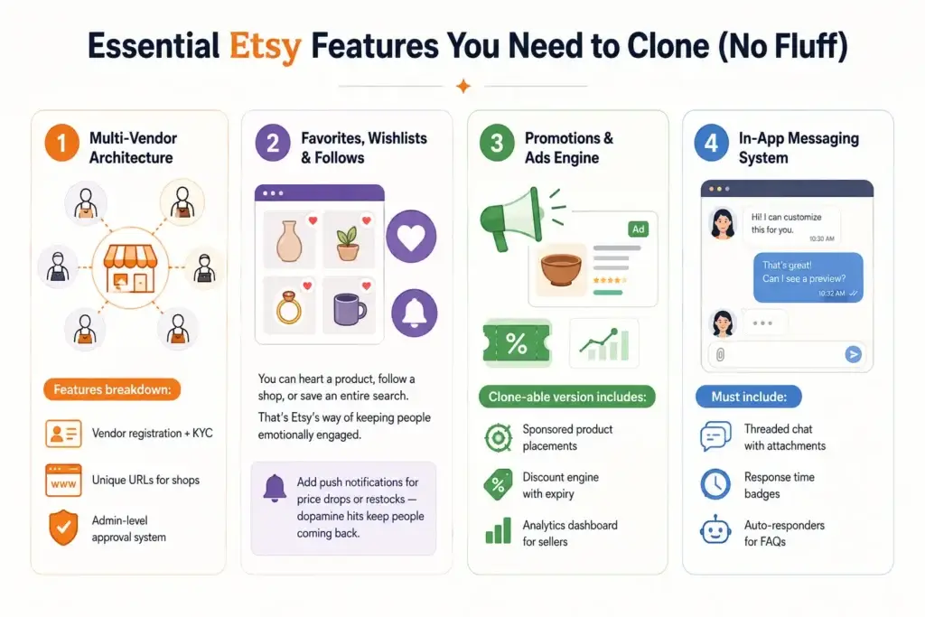 Etsy App Features Every Marketplace Startup Needs 2 Etsy clone features infographic showing multi-vendor marketplace architecture, favorites, wishlists, promotions, ads engine, seller analytics, and in-app messaging system.