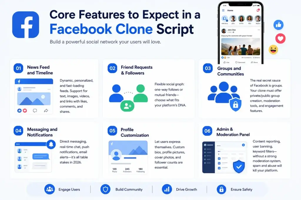 Best Facebook Clone Script in 2026: Features & Pricing Compared 1 Facebook clone script features infographic showing news feed, friend requests, groups, messaging, profile customization, and admin moderation tools