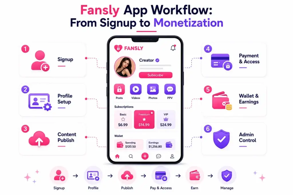 What is Fansly App and How Does It Work? 2 Fansly app workflow from signup to monetization showing profile setup, content publishing, payments, earnings, and admin control.